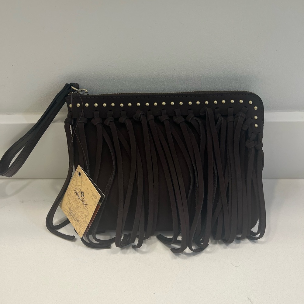 Patricia Nash Leather Brown Fringe Clutch Bag - Cassini Chocolate  NWT